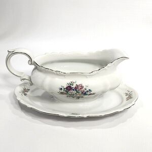 Crown Bavaria Gravy Boat w Attached Underplate Germany Silver Trim Bouquet